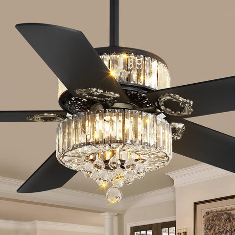 Zardon 48" Farmhouse Crystal Chandelier Ceiling Fan with Light, 6 Speeds, Quiet Reversible DC Motor, 3CCT Adjustable-Black