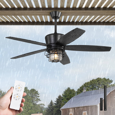 Zardon 52" Black Outdoor Ceiling Fan with Light - Remote Control, 6 Speeds, Waterproof,