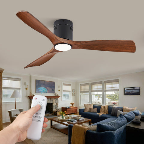 Zardon 52" Ceiling Fan with Light & Remote - Flush Mount Low Profile, 6-Speed DC Motor, Ultra Quiet for Bedroom & Living Room - Black & Walnut