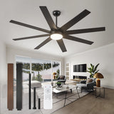 Zardon 72 inch Large Ceiling Fan with Light and Remote, Indoor Black Modern Ceiling Fan, 6 Speed