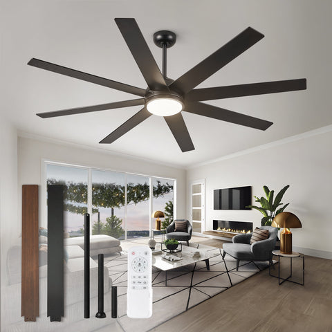 Zardon 72 inch Large Ceiling Fan with Light and Remote, Indoor Black Modern Ceiling Fan, 6 Speed