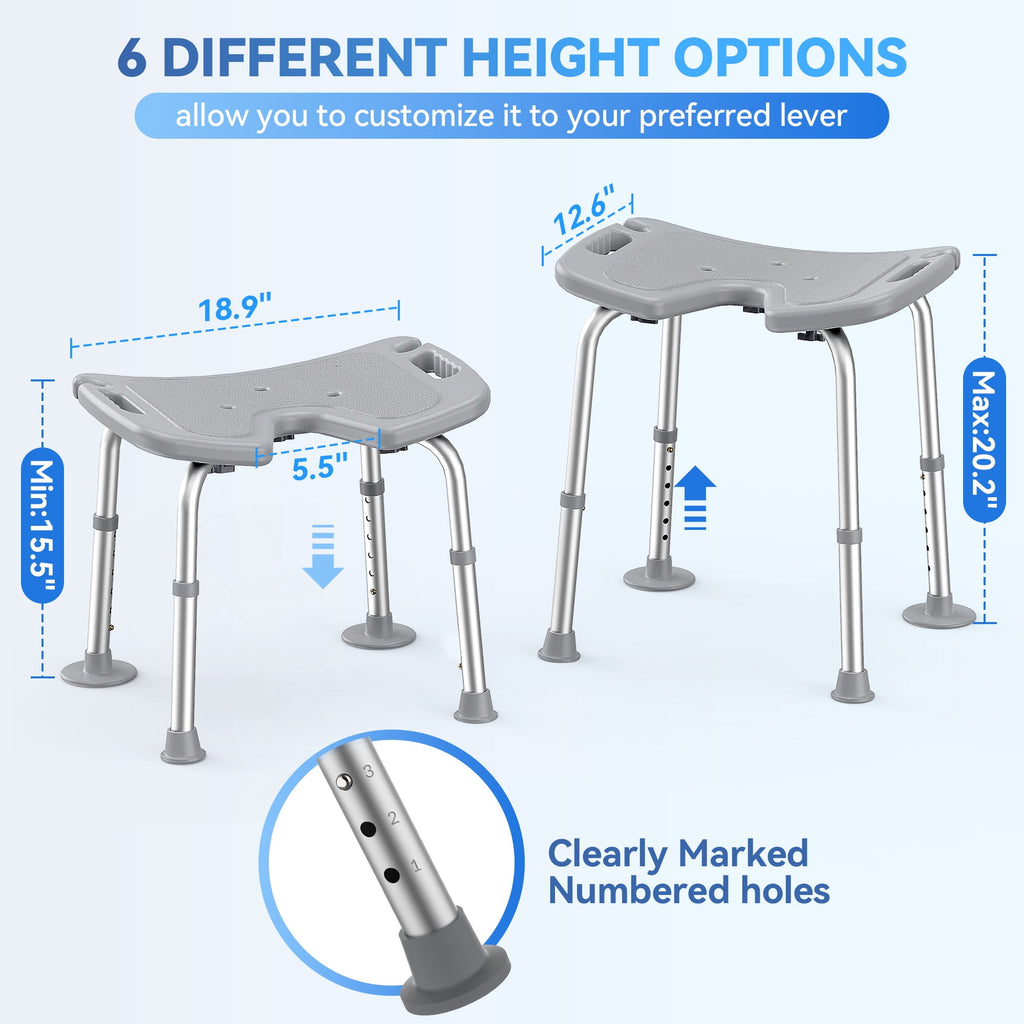 SACVON U-Shaped Shower Chair with Open Hygiene Seat, Height Adjustable Non-Slip Aluminum Bath Stool for Shower or Tub