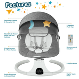 SACVON Baby Swing for Infants, Baby Rocker with 5 Point Harness, Bluetooth Support, 8 Preset Lullabies, 3 Speed Natural, with Remote Control and 2 Hanging Toys, Dark Gray