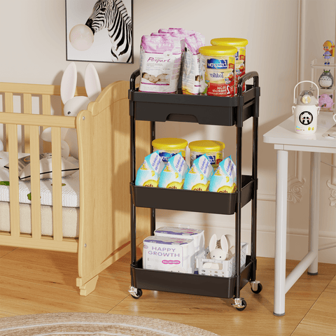 3-Tier Rolling Utility Cart with Drawer & Wheels, Multifunctional Storage Organizer Cart for Kitchen,Bathroom,Living Room,Office, Black
