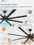 Zardon 96 inch Industrial Ceiling Fan with Remote Control – Quiet, High Airflow, Durable for Home & Commercial Use - Black