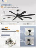 12X Zardon 72 inch Black Ceiling Fan with Remote Control – Quiet 6-Speed DC Motor, 8 Blades for Indoor Use
