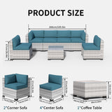 7 Pieces Outdoor Patio Furniture Set, Rattan Sectional Sofa, Conversation Set with Waterproof Cushion and Coffee Table, for Deck, Backyard, Garden, Peacock Blue