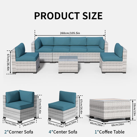 7 Pieces Outdoor Patio Furniture Set, Rattan Sectional Sofa, Conversation Set with Waterproof Cushion and Coffee Table, for Deck, Backyard, Garden, Peacock Blue