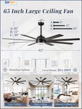 Zardon 65-Inch Ceiling Fan with Light - Remote Control, 6-Speed, Black/Electroplated Gold/Sand Nickel/Oil Bronze/Brown