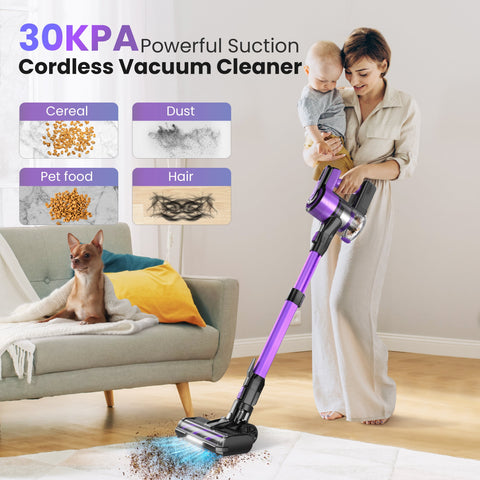 Cordless Vacuum Cleaner,45Kpa 60min Runtime Lightweight Stick Vacuum,8 in1 Self-Standing,Rechargeable Vacuum Cleaners for Pet Hair,Carpet,Hardwood Floor V870(Purple)