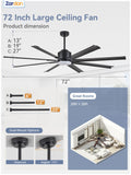 Zardon 72 inch Large Ceiling Fans with Lights and Remote, 6 Speed Reversible DC Motor, Dual Finish 8 Blades-Black