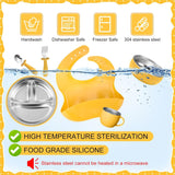 Stainless Steel Baby Feeding Set - Baby Led Weaning Supplies - 6 Pcs Kids Plates and Bowls Set - Includes Adjustable Bib, Forks Spoons, Toddler Cup, Suction Bowls for Baby Toddle (Blue)