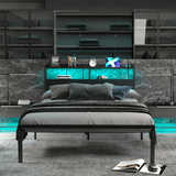 Behost Queen Size Panel Headboard with Outlet and LED Light, Queen Headboard with Two Tiers of Storage, Black