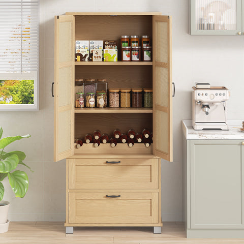 Walsunny 64" kitchen Pantry Cabinet with Rattan Doors and 2 Drawers, Freestanding Tall Storage Cabinet with Wine Rack Rattan Pantry Natural