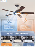 Zardon 52" Modern Black Ceiling Fan with Light and Remote Control, Ultra-Quiet DC Motor, 3 Color Temperatures, Timer for Bedroom and Living Room