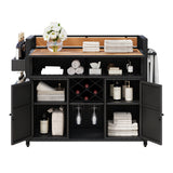 52.8"W Wicker Outdoor Grill Cart with Extended Plastic Wood Table Top, Rolling Kitchen Island on Wheels with Storage Cabinet, for Patio Backyard Garden Poolside, Double Handle Design, Black Brown