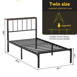 Behost Heavy Duty Twin Bed Frame with Storage Headboard, Charging Station and LED Light, No Box Spring Required, Black