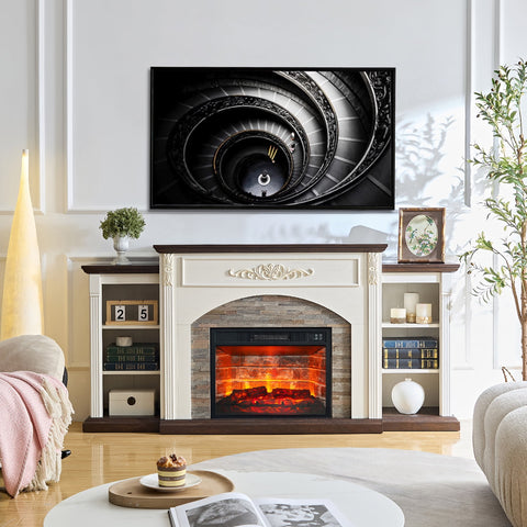 72-Inch Electric Fireplace TV Stand with Antique White Mantel, Vintage Entertainment Center for TVs up to 80", Homestyle Living Room Console