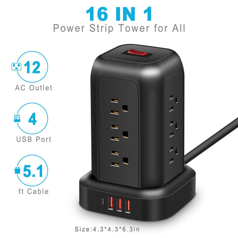 Power Strip Tower Surge Protector 5.1 ft Extension Cord with 12 Outlets 4 USB Ports Charging Station, Black Smart Power Strips with Multiple Plugs in One Outlet for Gaming Room Office Home Travel