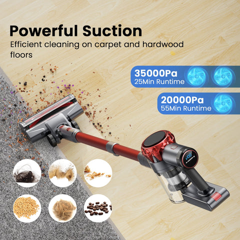 Cordless Vacuum Cleaner, 350W 35Kpa Powerful Stick Vacuum, with LED Display Free-Standing Vacuum Cleaners for Home Pet Hair Carpet Hard Floor S3 (Red)