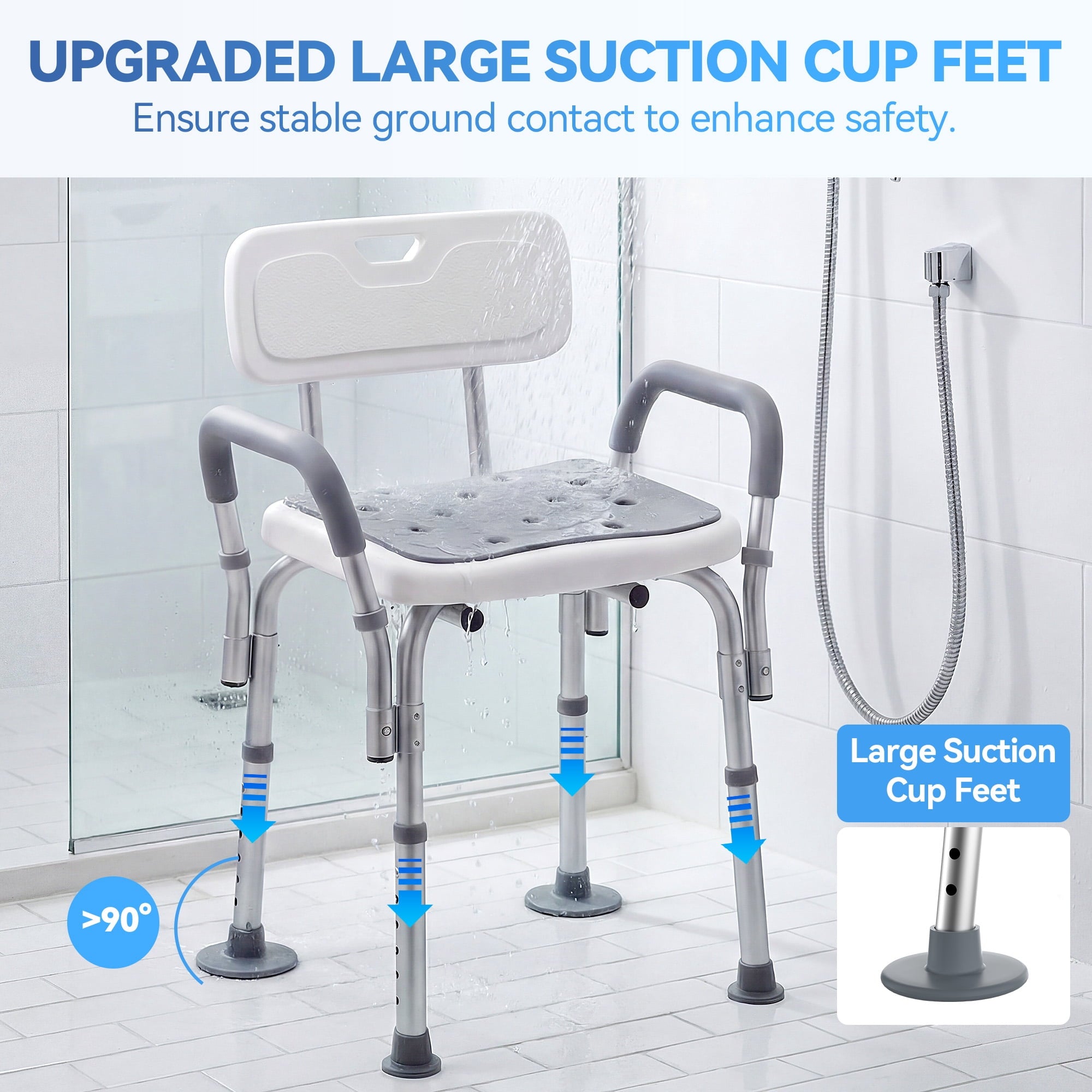 SACVON Shower Chair for Elderly, Adjustable Height Bath Chair with Armrests, Backrest and Non-Slip Seat, 300 lbs Capacity, White