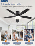 Zardon 48 inch Smart Ceiling Fan with LED Light Kit - 6-Speed Remote Control, Black Finish for Indoor