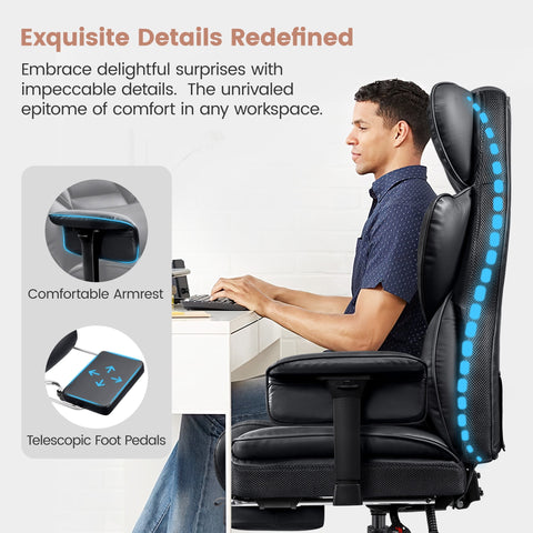CoolHut Large Executive Leather Office Chair with Adjustable Armrests and Footrest, High Back and Lumbar Support, Ideal for Big and Tall Users, Perfect for Home Office or Computer Desk Use, Black