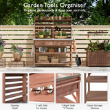 64.9"H Outdoor Potting Bench Table with Lockable Wheels, Solid Wood Outdoor Kitchen Island with Upper Hutch, Stainless Steel Top, Towel Rack ,Outdoor Storage for Grilling, Lawn Garden -Brown