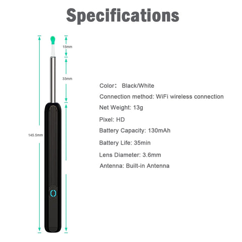 RONY Wireless Earwax Removal Tool Kit with Camera - 1080P Otoscope Next Gen Ear Wax Removal Set with Led Light - Ear Wax Removal Compatible for iPhone iPad Android Smart Phone, Black