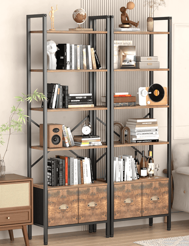 BEHOST Bookshelf with 6 Tiers, Tall Bookcase 70in with 2 Fabric Drawers, Wood Shelves for Home, Office, 1 Pack, Rustic Brown
