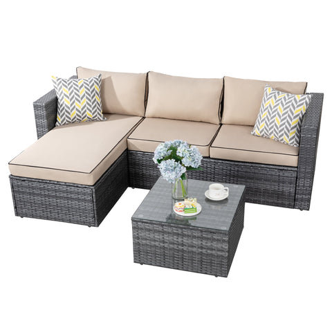 Walsunny 3 Piece Khaki Outdoor Furniture Sectional Sofa Patio Set with Silver Gray Rattan Wicker