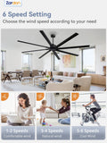 Zardon 96 inch Industrial Ceiling Fan with Remote Control – Quiet, High Airflow, Durable for Home & Commercial Use - Black
