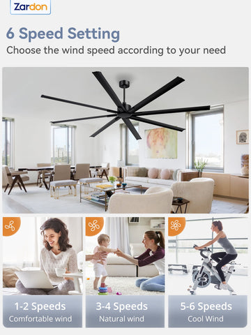 Zardon 96 inch Industrial Ceiling Fan with Remote Control – Quiet, High Airflow, Durable for Home & Commercial Use - Black