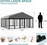 Outdoor Dog Kennel 120"x118", Large Metal Fence House with Roof, Feeding Door, Double Lock