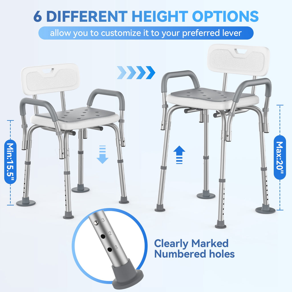 SACVON Shower Chair for Elderly, Adjustable Height Bath Chair with Armrests, Backrest and Non-Slip Seat, 300 lbs Capacity, White