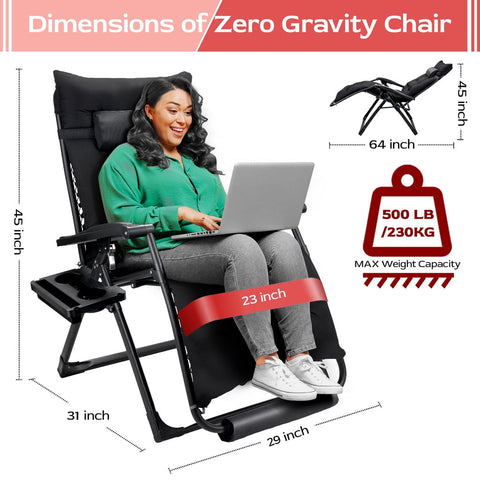 Zero Gravity Chair,VECUKTY Patio Lawn for Indoor and Outdoor Chairs ,500lbs Oversized XL 29IN Ergonomic Lounge Folding Reclining Chair,Black