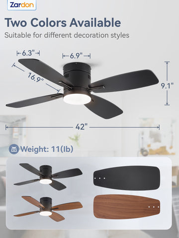 Zardon 42" Modern Ceiling Fan with Light and Remote Control – 6-Speed Quiet DC Motor, 3 Color Temperatures, LED for Bedroom, Living Room & Dining Room-Black