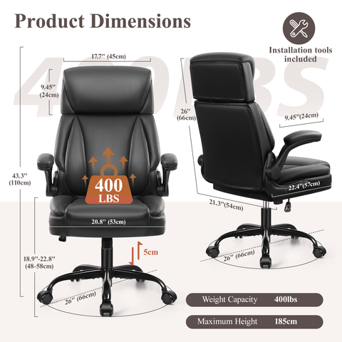 CoolHut Big and Tall Office Chair 400LBS, Adjustable Headrest Ergonomic Computer Desk Chair, Executive Leather Chair with Adjustable Armrest, High Back Office Chair Havy Duty Design, Black