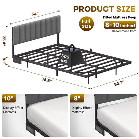 Behost Upholstered Full Bed Frame, Floating Bed Frame with Smart LED Lights and Charging Station, Gray