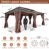 SANOPY 12X20 Heavy Duty Outdoor Gazebo with Mosquito Netting and Curtains, Canopy Tent Deck Gazebo with Double-Flat Roof Ventiation and Metal Steel Frame Suitable for Lawn, Backyard, Patio