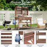 64.9"H Outdoor Potting Bench Table with Lockable Wheels, Solid Wood Outdoor Kitchen Island with Upper Hutch, Stainless Steel Top, Towel Rack ,Outdoor Storage for Grilling, Lawn Garden -Brown