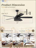 Zardon 52 inch Ceiling Fan with Light and Remote Control, Black & Gray Finish, Quiet 6-Speed DC Motor, Reversible Blades for Indoor