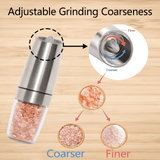 YUOFD Electric Pepper Grinder 2PCS, Electric Salt and Pepper Grinder Set with Battery, Gravity Sensing Automatic Grinding, Silver