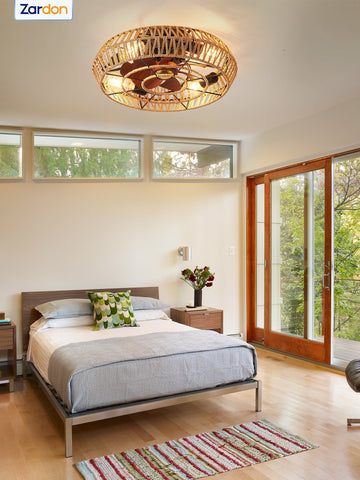 Zardon 20" Boho Ceiling Fan with Light & Remote, Rattan Caged Farmhouse Bamboo Flush Mount - 6-Speed Silent Motor, Timer for Bedroom, Living Room (Brown)