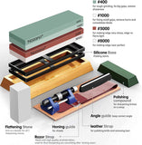 Weswose Knife Sharpening Whetstone Set - 11-Piece Professional Knife Sharpener Kit with Dual Grit 400/1000 & 3000/8000 Sharpening Stones, Bamboo Base, Leather Strop, and Polishing Compound