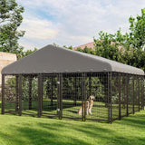 Outdoor Dog Kennel 120"x118", Large Metal Fence House with Roof, Feeding Door, Double Lock