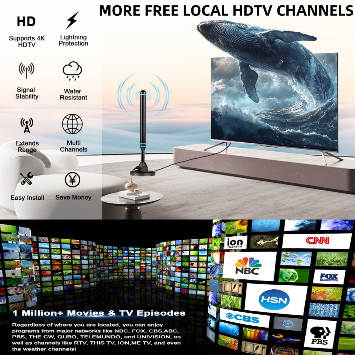 TV Antennas for Smart TV Indoor HD Digital New Antenna Long Range Reception Outdoor with Amplifier Signal Booster for Local Channels Supports 4K 1000+Mile range for Free Channels