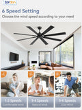 12X Zardon 72 inch Black Ceiling Fan with Remote Control – Quiet 6-Speed DC Motor, 8 Blades for Indoor Use