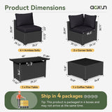 Aoxun 8 Piece Patio Furniture Set with 44” Fire Pit Table Wicker Rattan Patio Sectional Sofa Set Outdoor Seating Furniture with 4'' Thickened Cushion, Black (Include Waterproof Cover)