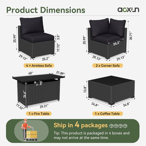 Aoxun 8 Piece Patio Furniture Set with 44” Fire Pit Table Wicker Rattan Patio Sectional Sofa Set Outdoor Seating Furniture with 4'' Thickened Cushion, Black (Include Waterproof Cover)